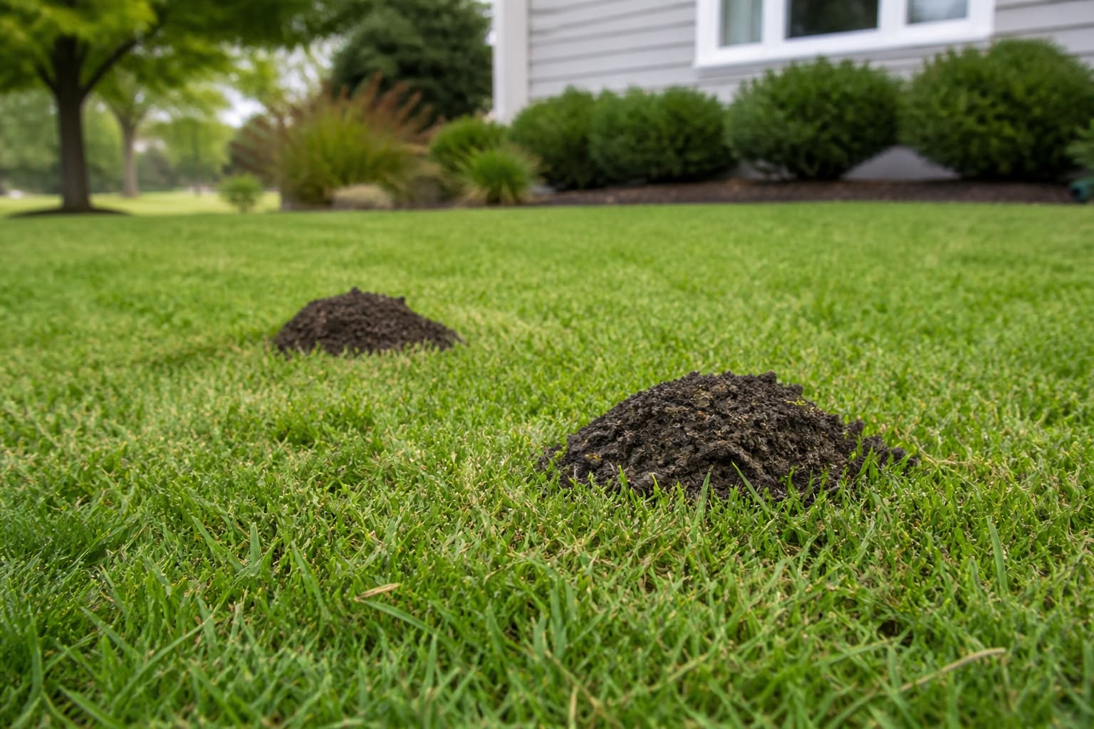 Small soil mounds in a green lawn